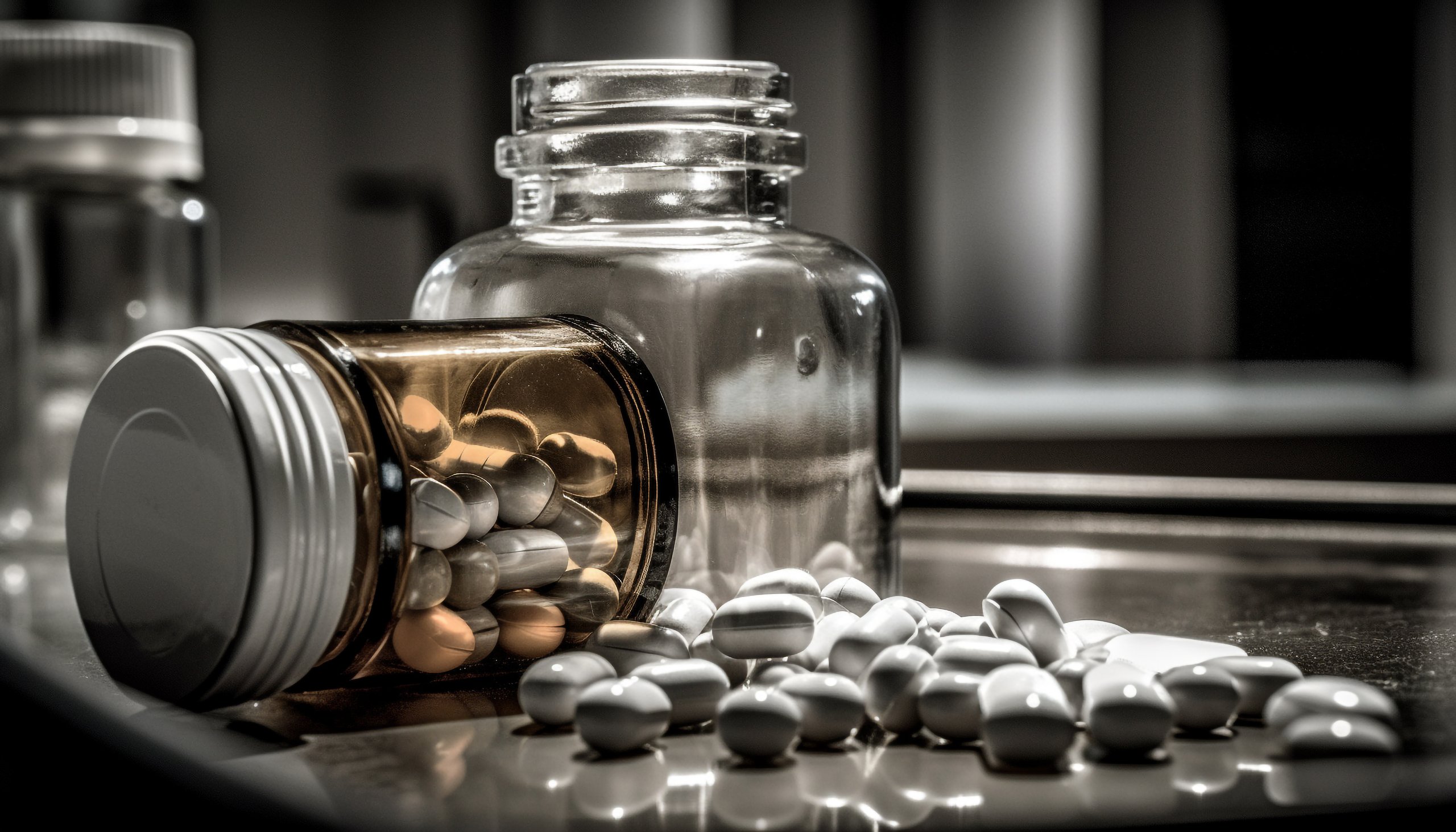 Pills spill from jar on table, headache relief generated by ai